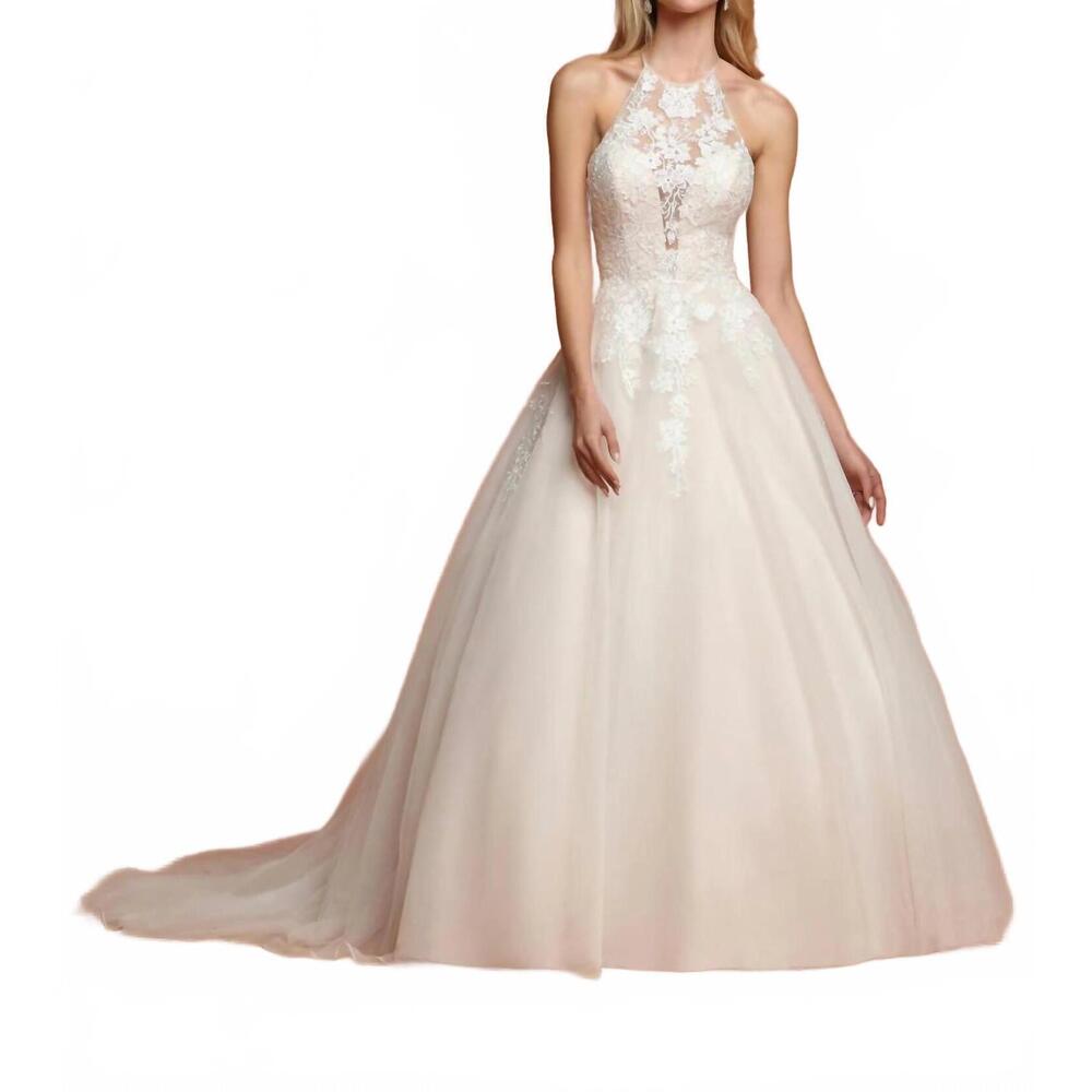 NEW DAVINCI BRIDAL high neck sheer embroidered tulle ballgown wedding dress in i